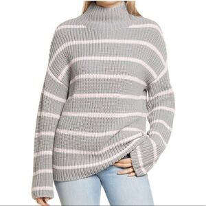 New Caslon Shaker Mock Neck Sweater In Grey- Pink Stripe
